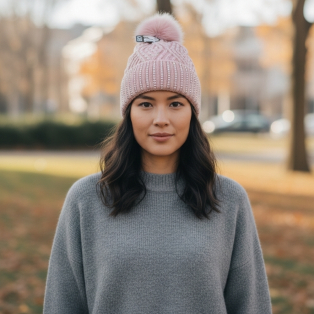 Pink Knit Beanie with Pom Pom and Rhinestones - Picture 3 of 3